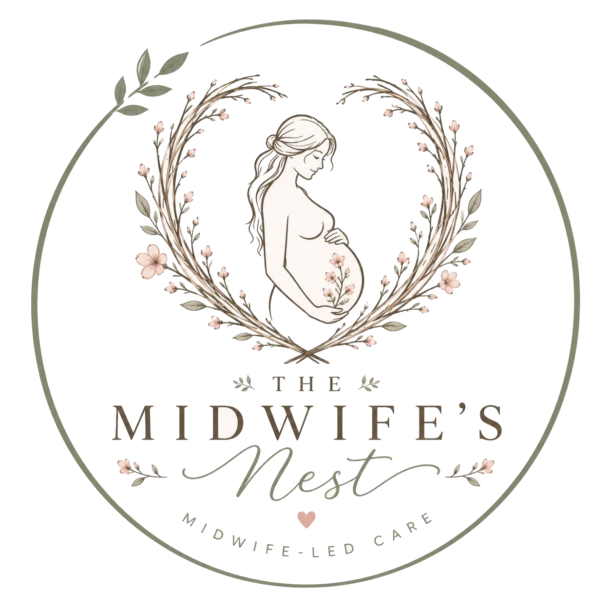 Line-art wreath logo of The Midwife's Nest with midwife-led care tagline - The Midwife's Nest, Cairns